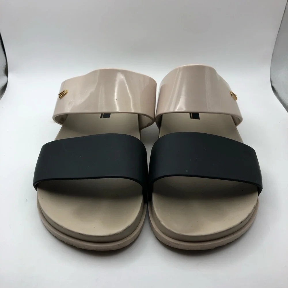 Melissa double strap nude & black slide sandals size 7